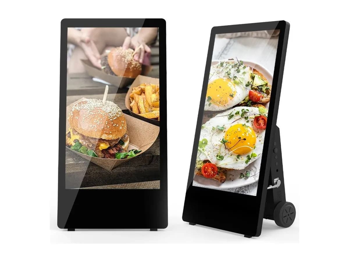 Totem LCD semi-outdoor su ruote con menu di un ristorante