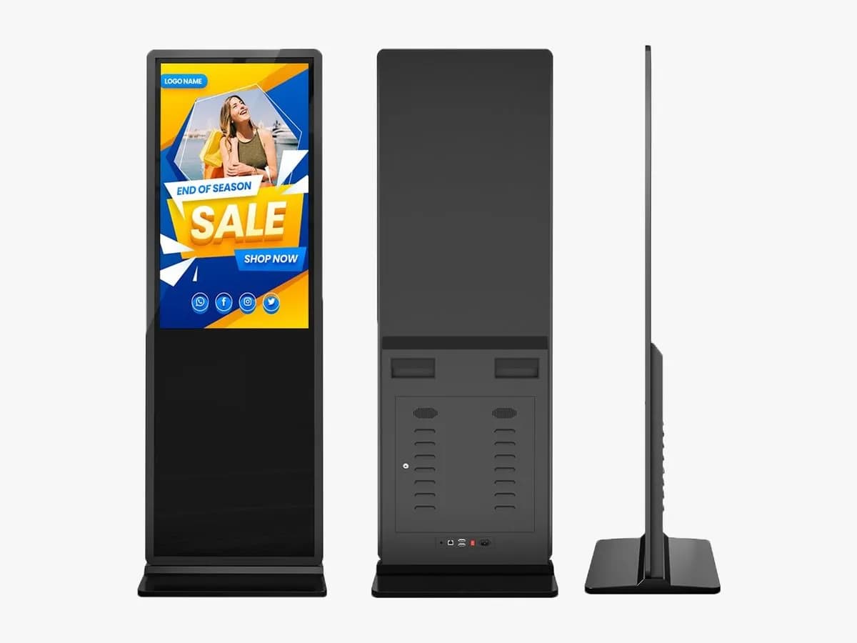 Totem LCD indoor da pavimento visto di fronte, di retro e di lato